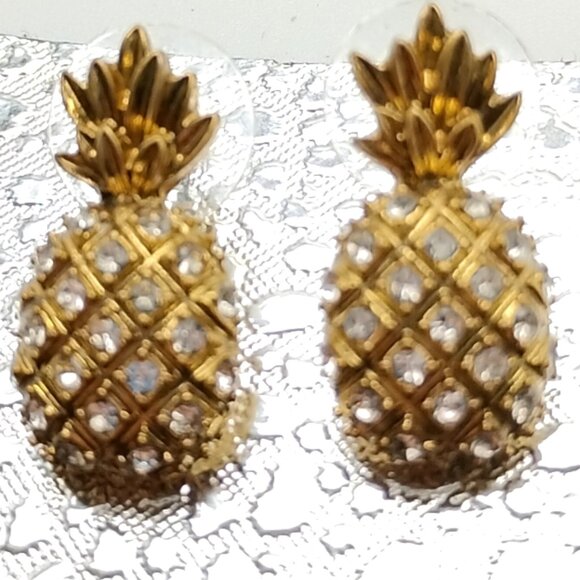 J. Crew Gold Tone Pave Rhinestone Pineapple Stud Earrings - Picture 5 of 11